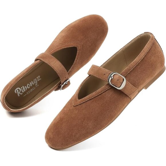 Women's Tan Suede Mary Jane Flats - Comfortable Slip-On Ballet Shoes Size 8